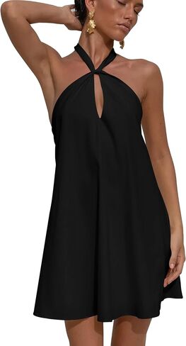 GOKATOSAU Women's Sexy Halter Neck Sleeveless Cutout Backless Flowy A-Line Mini Summer Party Sundress in Kuwait