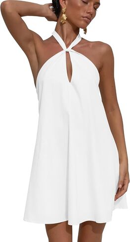 GOKATOSAU Women's Sexy Halter Neck Sleeveless Cutout Backless Flowy A-Line Mini Summer Party Sundress in Kuwait