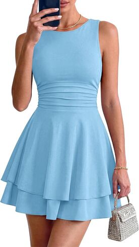 PRETTYGARDEN Women's 2026 Summer Mini Dress Sleeveless Ruched A Line Ruffle Flowy Short Cute Dresses Party Date Night Outfits in Kuwait