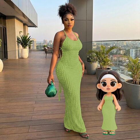 Womens Halter Neck Bodycon Maxi Dress Ruched Sleeveless Slim Fit Sexy Long Dress for Party & Vacation Dresses in Kuwait