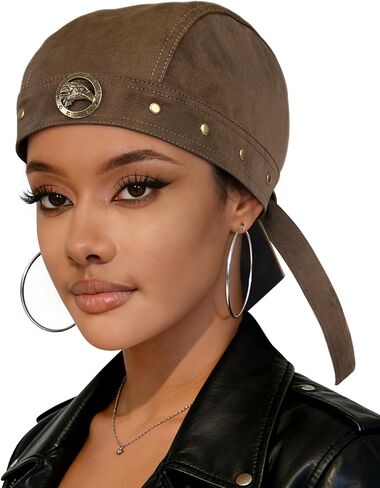 Biker Hats for Women Leather Adjustable Motorcycle Skull Cap One Size Leather Hat Punk Cap Motorcycle Hat for Women Leather Hat Leather Head Wrap Brown in Saudi Arabia