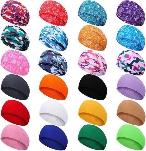 24 Pcs Sports Sweatbands for Men Women, Non Slip Wide Headbands Workout Breathable Head Band Exercise Hair Bands - Elastic Soft Sweatbands for Yoga Running Cycling Gym in Saudi Arabia