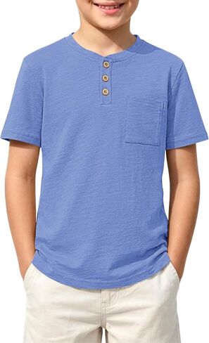 ROVENTIS Boys Henley Shirts Kids Short Sleeve Casual Button Down Cotton T-Shirts Summer Boy Tops Tees 5-14 Years in Saudi Arabia