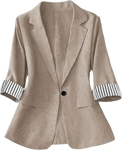 MakeMeChic Women's Work Office Striped Button Front Blazer Lapel Collar 3/4 Sleeve Suit Jackets in Kuwait