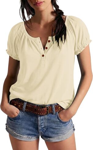 Womens Short Sleeve Tops Scoop Neck Ruffle Sleeve Henley Shirts Summer Casual Fashion Loose Fit T-Shirts Blouse 2026 in Saudi Arabia