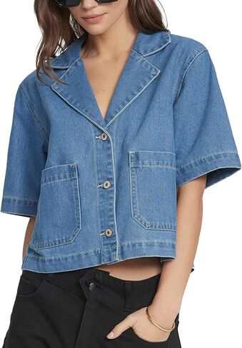 Kedera Women's Short Sleeve Denim Jacket Cropped Boxy Button Front Jean Shirt Jacket Lightweight Jean Top with Pockets in Kuwait