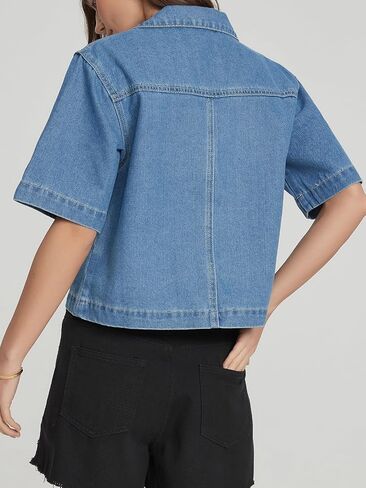 Kedera Women's Short Sleeve Denim Jacket Cropped Boxy Button Front Jean Shirt Jacket Lightweight Jean Top with Pockets in Kuwait
