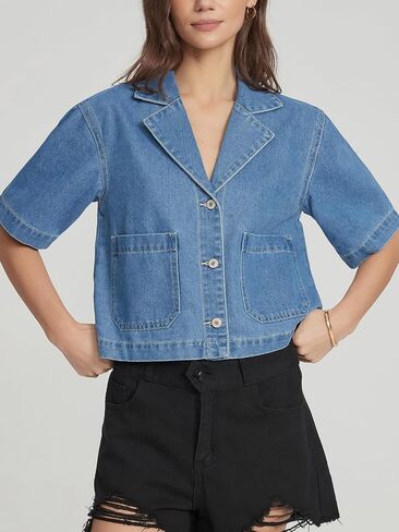 Kedera Women's Short Sleeve Denim Jacket Cropped Boxy Button Front Jean Shirt Jacket Lightweight Jean Top with Pockets in Kuwait