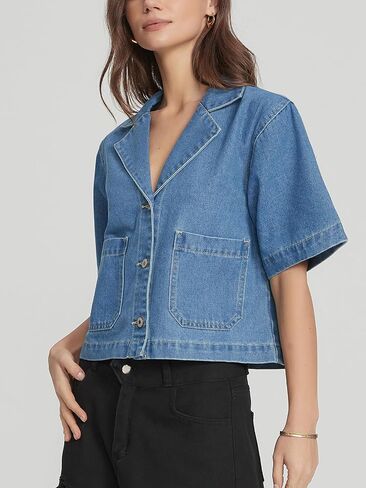 Kedera Women's Short Sleeve Denim Jacket Cropped Boxy Button Front Jean Shirt Jacket Lightweight Jean Top with Pockets in Kuwait