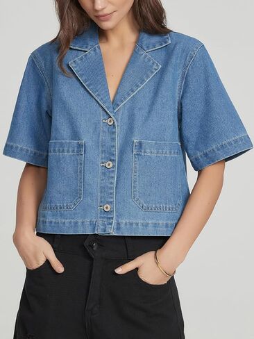 Kedera Women's Short Sleeve Denim Jacket Cropped Boxy Button Front Jean Shirt Jacket Lightweight Jean Top with Pockets in Kuwait