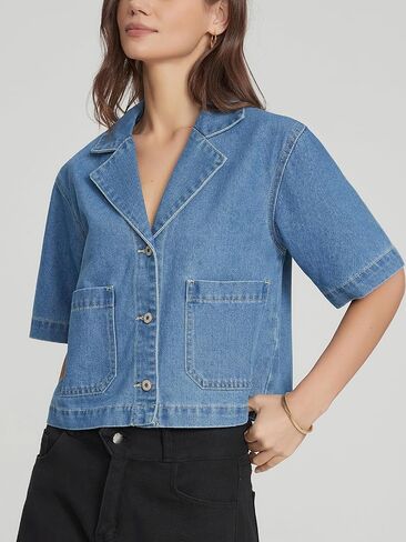 Kedera Women's Short Sleeve Denim Jacket Cropped Boxy Button Front Jean Shirt Jacket Lightweight Jean Top with Pockets in Kuwait