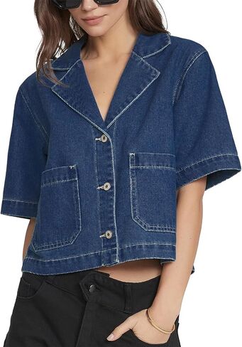 Kedera Women's Short Sleeve Denim Jacket Cropped Boxy Button Front Jean Shirt Jacket Lightweight Jean Top with Pockets in Kuwait