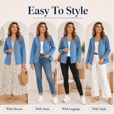 Denim Jacket Cardigan for Women Lightweight V Neck Collarless Jean Jacket, Soft Breathable Stretch Casual Outerwear in Kuwait