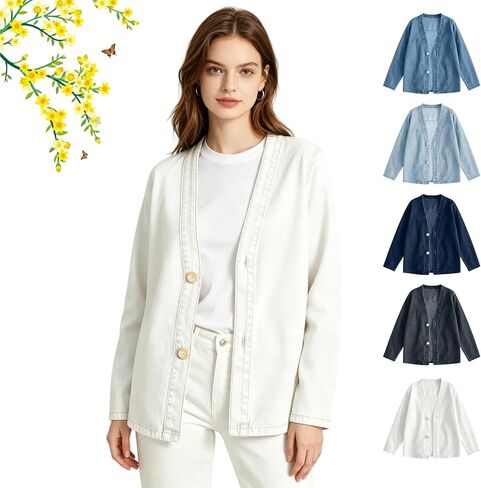 Denim Jacket Cardigan for Women Lightweight V Neck Collarless Jean Jacket, Soft Breathable Stretch Casual Outerwear in Kuwait