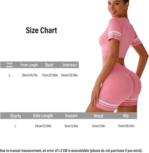 Women's 2 Piece Seamless Workout Set, Short Sleeve Crop Top & High Waisted Butt Lifting Shorts for Gym, Running, Pilates & Daily Wear,Size L,Pink in Kuwait
