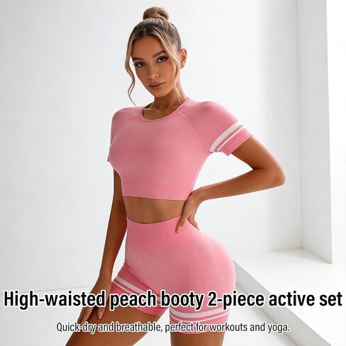 Women's 2 Piece Seamless Workout Set, Short Sleeve Crop Top & High Waisted Butt Lifting Shorts for Gym, Running, Pilates & Daily Wear,Size L,Pink in Kuwait