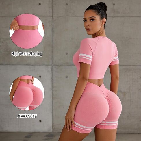 Women's 2 Piece Seamless Workout Set, Short Sleeve Crop Top & High Waisted Butt Lifting Shorts for Gym, Running, Pilates & Daily Wear,Size L,Pink in Kuwait