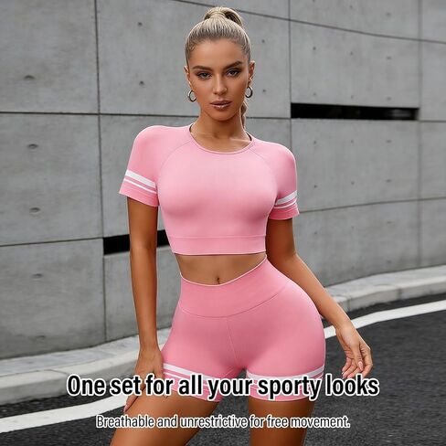 Women's 2 Piece Seamless Workout Set, Short Sleeve Crop Top & High Waisted Butt Lifting Shorts for Gym, Running, Pilates & Daily Wear,Size L,Pink in Kuwait