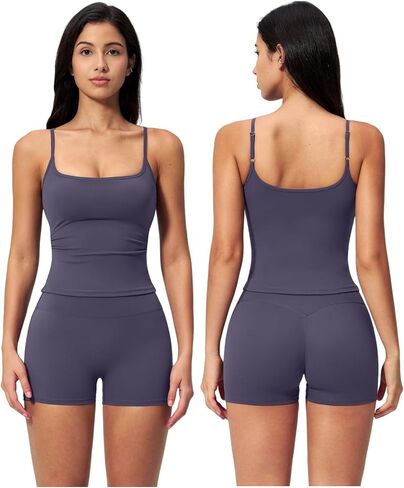 QBGJTD Women 2 Piece Workout Set Adjustable Spaghetti Straps U Back Tank Top and High Waist Booty Lifting Shorts Yoga Outfits in Kuwait