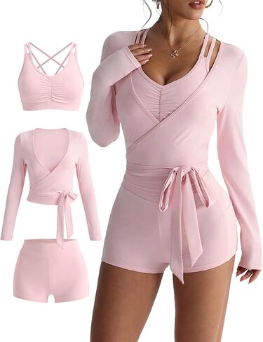 Womens 3 Piece Tracksuit Set with Removable Pads Sports Bra, High Waist Biker Shorts, Pilates Wrap Tie Top in Saudi Arabia
