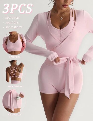 Womens 3 Piece Tracksuit Set with Removable Pads Sports Bra, High Waist Biker Shorts, Pilates Wrap Tie Top in Saudi Arabia
