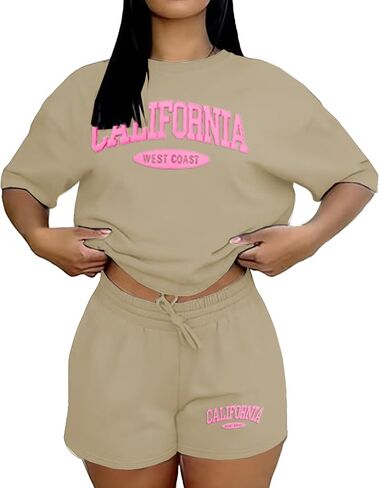 Ulovmi Women 2 Piece Lounge Outfit Graphic Print T Shirt Shorts Set Casual Matching Sweatsuits With Pockets in Kuwait