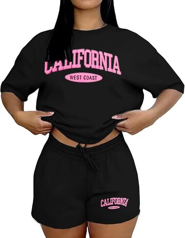 Ulovmi Women 2 Piece Lounge Outfit Graphic Print T Shirt Shorts Set Casual Matching Sweatsuits With Pockets in Kuwait
