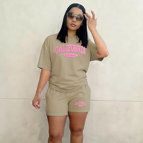 Ulovmi Women 2 Piece Lounge Outfit Graphic Print T Shirt Shorts Set Casual Matching Sweatsuits With Pockets in Kuwait