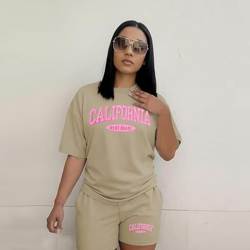 Ulovmi Women 2 Piece Lounge Outfit Graphic Print T Shirt Shorts Set Casual Matching Sweatsuits With Pockets in Kuwait