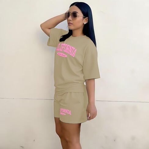 Ulovmi Women 2 Piece Lounge Outfit Graphic Print T Shirt Shorts Set Casual Matching Sweatsuits With Pockets in Kuwait