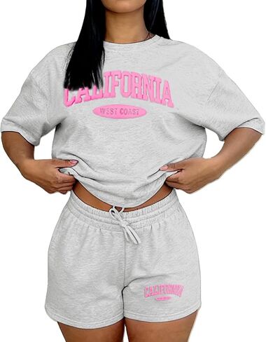 Ulovmi Women 2 Piece Lounge Outfit Graphic Print T Shirt Shorts Set Casual Matching Sweatsuits With Pockets in Kuwait