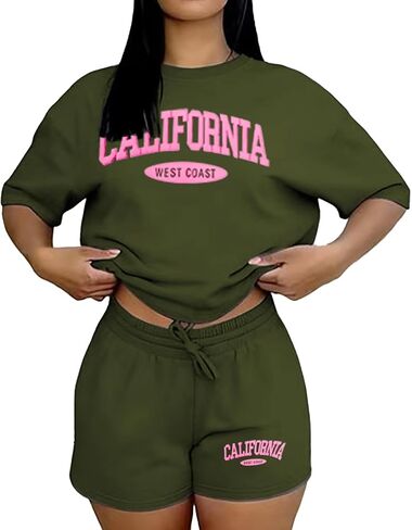 Ulovmi Women 2 Piece Lounge Outfit Graphic Print T Shirt Shorts Set Casual Matching Sweatsuits With Pockets in Kuwait
