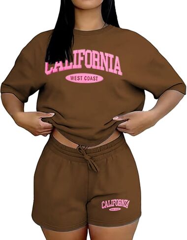 Ulovmi Women 2 Piece Lounge Outfit Graphic Print T Shirt Shorts Set Casual Matching Sweatsuits With Pockets in Kuwait