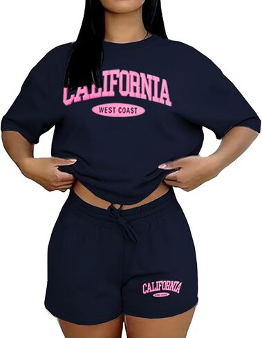 Ulovmi Women 2 Piece Lounge Outfit Graphic Print T Shirt Shorts Set Casual Matching Sweatsuits With Pockets in Kuwait