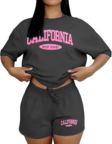 Ulovmi Women 2 Piece Lounge Outfit Graphic Print T Shirt Shorts Set Casual Matching Sweatsuits With Pockets in Kuwait