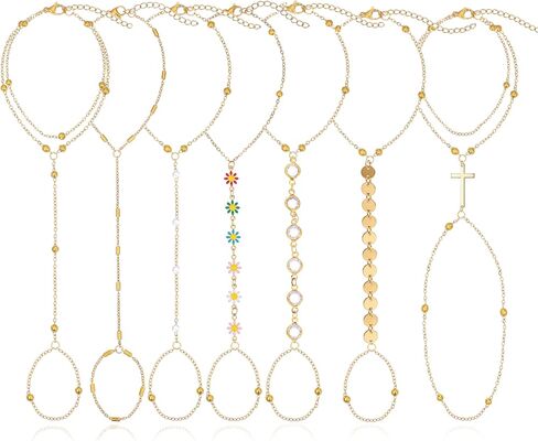BOMAIL 7Pcs 14K Gold Plated Gold Hand Chain Bracelets for Women | Adjustable Ring Bracelets,Stackable Hand Link Chain,Dainty Gold Jewelry,Durable Accessory,Cute Bracelet in Kuwait