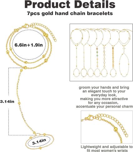 BOMAIL 7Pcs 14K Gold Plated Gold Hand Chain Bracelets for Women | Adjustable Ring Bracelets,Stackable Hand Link Chain,Dainty Gold Jewelry,Durable Accessory,Cute Bracelet in Kuwait