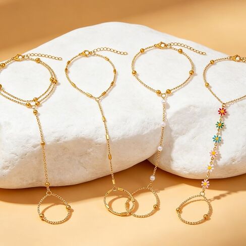BOMAIL 7Pcs 14K Gold Plated Gold Hand Chain Bracelets for Women | Adjustable Ring Bracelets,Stackable Hand Link Chain,Dainty Gold Jewelry,Durable Accessory,Cute Bracelet in Kuwait