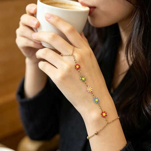 BOMAIL 7Pcs 14K Gold Plated Gold Hand Chain Bracelets for Women | Adjustable Ring Bracelets,Stackable Hand Link Chain,Dainty Gold Jewelry,Durable Accessory,Cute Bracelet in Kuwait