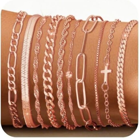 XIANNVXI 10PCS Rose Gold/Silver/Gold Bracelets Stack for Women Dainty Thin Rose Gold Bracelets Set Silver Chain Bracelet Paper Clip Stackable Figaro Paperclip Bracelet Pack for Women in Kuwait
