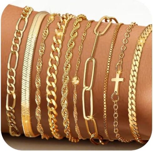 XIANNVXI 10PCS Rose Gold/Silver/Gold Bracelets Stack for Women Dainty Thin Rose Gold Bracelets Set Silver Chain Bracelet Paper Clip Stackable Figaro Paperclip Bracelet Pack for Women in Kuwait