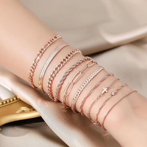 XIANNVXI 10PCS Rose Gold/Silver/Gold Bracelets Stack for Women Dainty Thin Rose Gold Bracelets Set Silver Chain Bracelet Paper Clip Stackable Figaro Paperclip Bracelet Pack for Women in Kuwait
