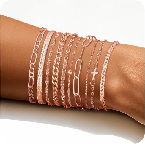 XIANNVXI 10PCS Rose Gold/Silver/Gold Bracelets Stack for Women Dainty Thin Rose Gold Bracelets Set Silver Chain Bracelet Paper Clip Stackable Figaro Paperclip Bracelet Pack for Women in Kuwait
