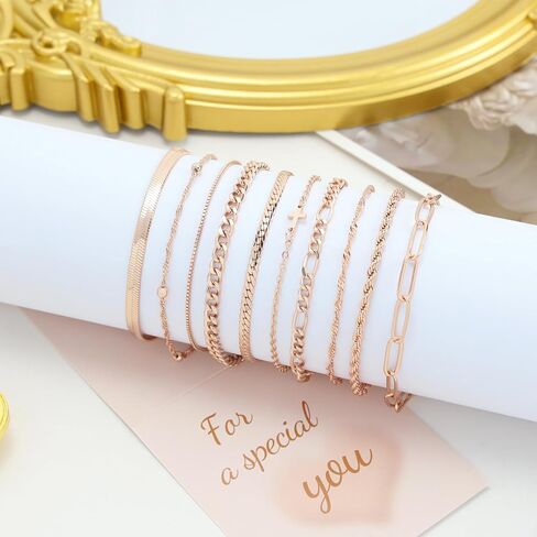 XIANNVXI 10PCS Rose Gold/Silver/Gold Bracelets Stack for Women Dainty Thin Rose Gold Bracelets Set Silver Chain Bracelet Paper Clip Stackable Figaro Paperclip Bracelet Pack for Women in Kuwait