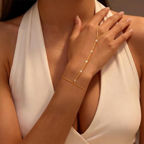 14K Gold Bracelets for Women Trendy Gold Hand Chain Bracelet Womens Bracelets Unique Hand Chain with Finger Loop with Cubic Zirconia Dainty Golden Bracelet for Women Adjustable in Saudi Arabia
