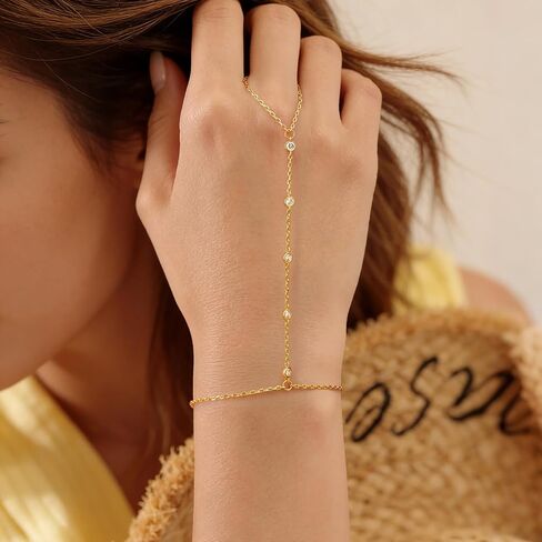 14K Gold Bracelets for Women Trendy Gold Hand Chain Bracelet Womens Bracelets Unique Hand Chain with Finger Loop with Cubic Zirconia Dainty Golden Bracelet for Women Adjustable in Saudi Arabia