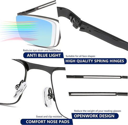 Blue Light Blocking Reading Glasses for Men With Spring Hinge Metal Full Frame Lightweight Readers Classic Trend in Saudi Arabia