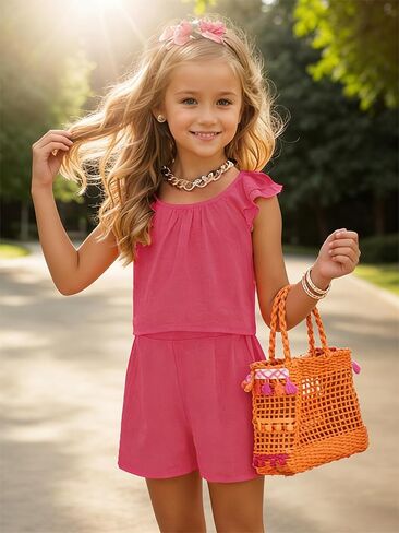 Girls Short Sleeve Top & Shorts 2 Pack Cute Summer Outfit Bundle Soft Mix Match Play Wear in Kuwait