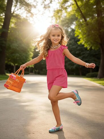 Girls Short Sleeve Top & Shorts 2 Pack Cute Summer Outfit Bundle Soft Mix Match Play Wear in Kuwait