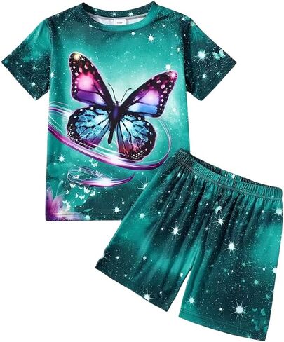 7-14Y Tween Girl Summer Clothes 2 Piece Short Sleeve Butterfly Print Top and Denim Shorts Girl Outfits Set in Saudi Arabia